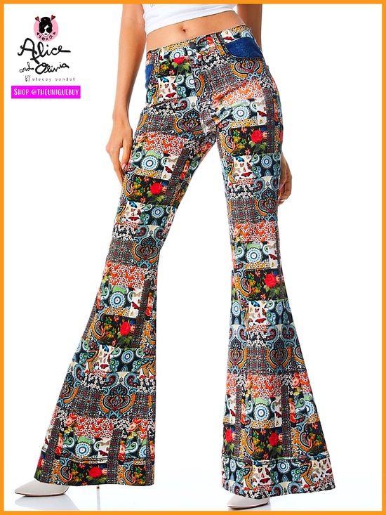 Alice + Olivia Denim - Alice + Olivia Beautiful Patchwork Mid Rise Denim Floral Flared Bell Jeans